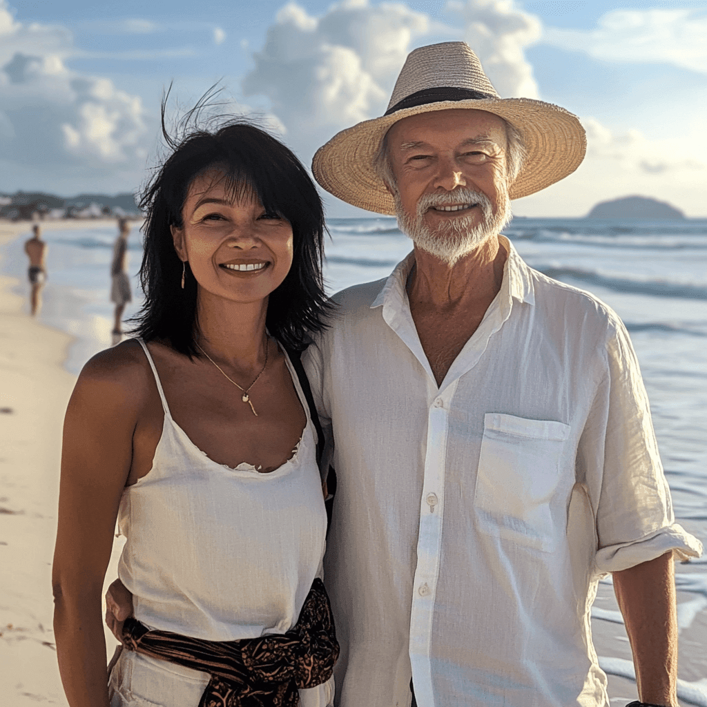 Mann und Frau lächelnd an einem sonnigen Strand, mit Wellen und Wolken im Hintergrund.